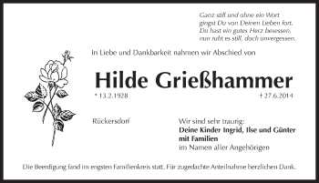 Traueranzeige von Hilde Grießhammer von Pegnitz-Zeitung